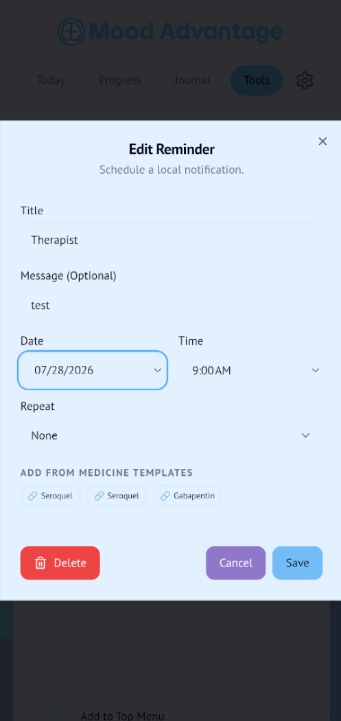 Reminders screen